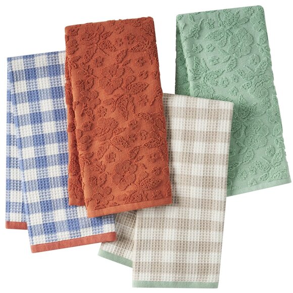 Pioneer Woman Gingham Woven Kitchen Towels 4pc Set Green Blue Brown 18"x28" New - Picture 1 of 7